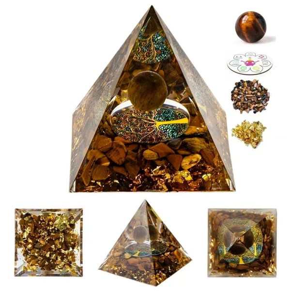 Krystalpyramide 5x5 cm med tigerøje Gyldenbrun chakrapyramide Selvtillid, mod og styrke Guldflager og chakraharmonisering 1