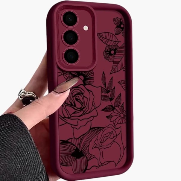 Kryt a telefonhoz Samsung Galaxy S24+ virág- és rózsamintával Szilikon mobiltelefon tok Galaxy S24 Plus S fényképező védővel bordó