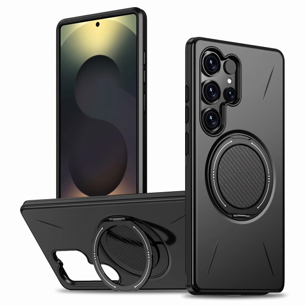 Kryt na Samsung Galaxy S25 Se stojanem otočným o 360 stupňů Bezdrátové nabíjení Uhlíkové vlákno Polykarbonát a TPU Pouzdro na mobil černá