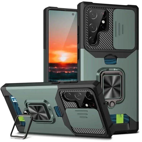 Kryt na Samsung Galaxy S26 Ultra Posuvná clona fotoaparátu Držák na prst s magnetom Priestor na kartu Plastový obal zelená