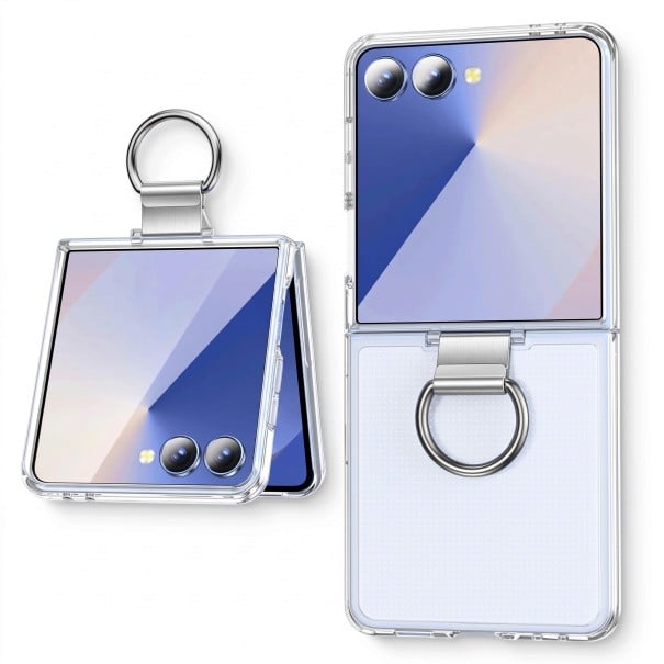 Kryt na Samsung Galaxy Z Flip 5 Nárazuvzdorné plastové pouzdro Sklopný kroužek na prst Obal zo dvoch častí Na skladací telefón priehľadná biela