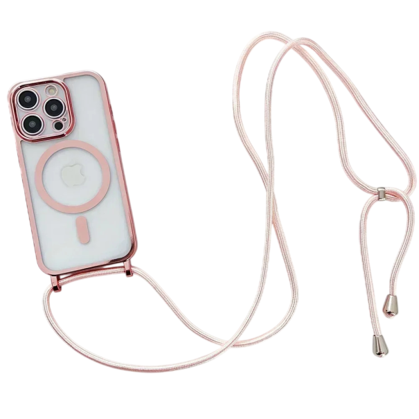 Kryt na telefon Crossbody s pokovením pro iPhone 17 Magnetický plastový obal se šňůrkou na krk ochranné pouzdro růžová