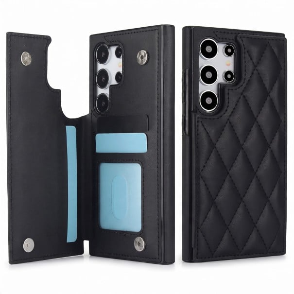 Kryt s peněženkou pro Samsung Galaxy S25 Ultra Zadní klapka s přihrádkami na karty Okénko na průkaz Prošívaný design PU kůže Obal na mobil černá