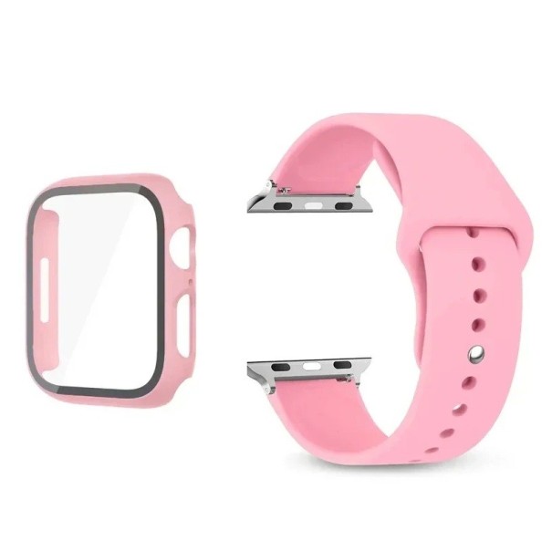 Kryt s tvrzeným sklem a řemínkem pro Apple Watch 45 mm Series 9/8/7 – 9H ochrana displeje, matné pouzdro rámečku hodinek světle růžová