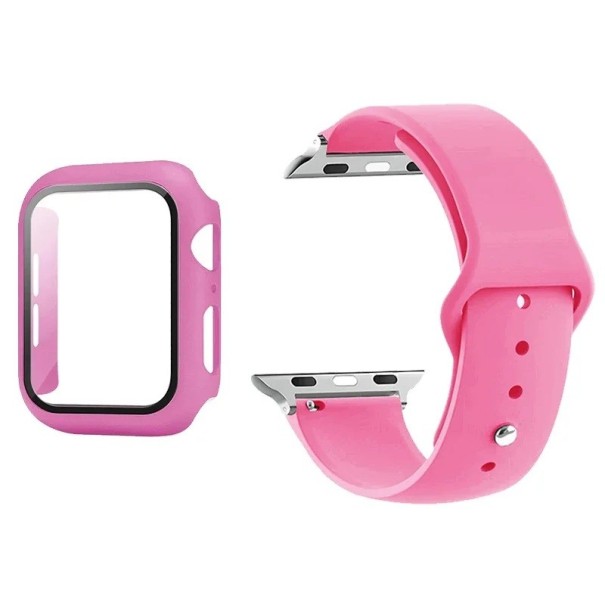 Kryt, tvrdené sklo a remienok pre Apple Watch 44 mm Series 6/5/4/SE – 9H ochranné sklo na displej, matný rámček hodiniek, nastaviteľný pás ružová