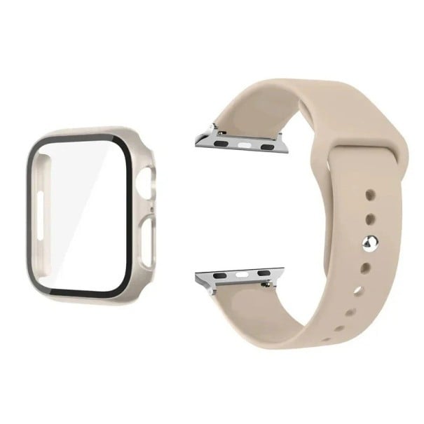 Kryt, tvrzené sklo a řemínek pro Apple Watch 44 mm Series 6/5/4/SE – 9H ochranné sklo na displej, matný rámeček hodinek, nastavitelný pásek béžová