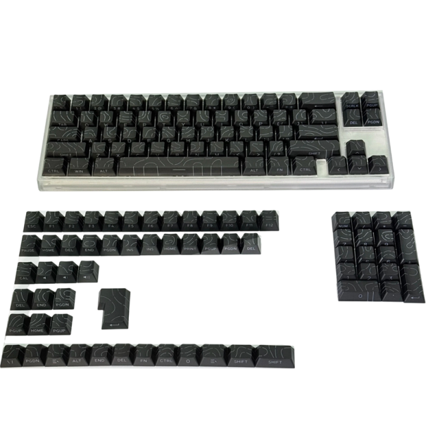 Kryty kláves konturové linie 133 ks PBT Cherry profil pro MX spínače RGB keycaps mechanická klávesnice topografický design černá