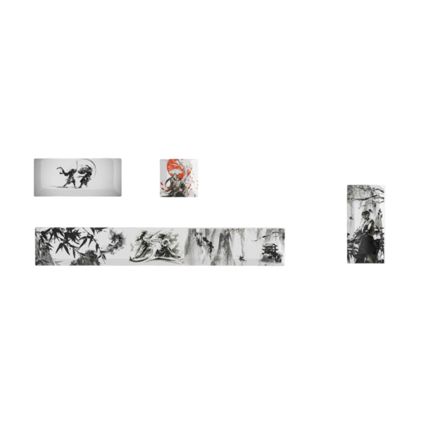 Kryty kláves samurajský motiv 4 ks PBT pro Cherry spínače černo bílé keycaps pro mechanickou herní klávesnici set 1