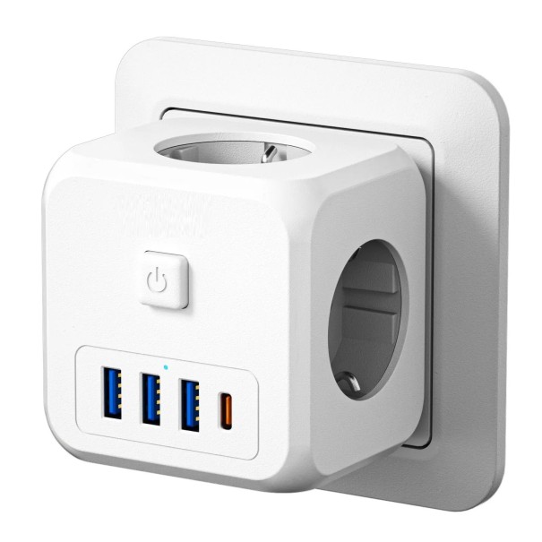 Kubeformet strømskinne med afbryder 3x USB, 1x USB-C, 3x stikkontakt 1