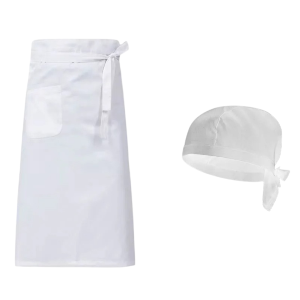 Kuchařská čepice a zástěra sada s kapsou zavazování polyester pracovní oděv do kuchyně pro kuchaře gastronomické využití bílá