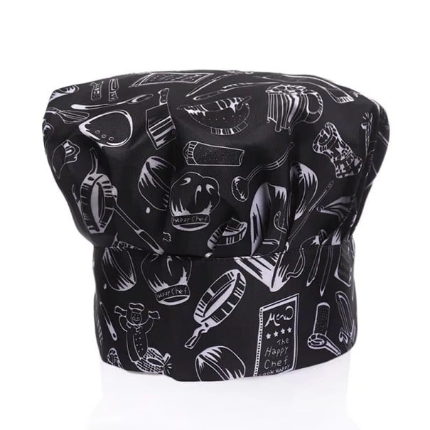 Kuchárska čiapka 22 cm potlač kuchynské motívy čierna biela bavlna polyester nízky strih pracovná pokrývka hlavy do kuchyne 1
