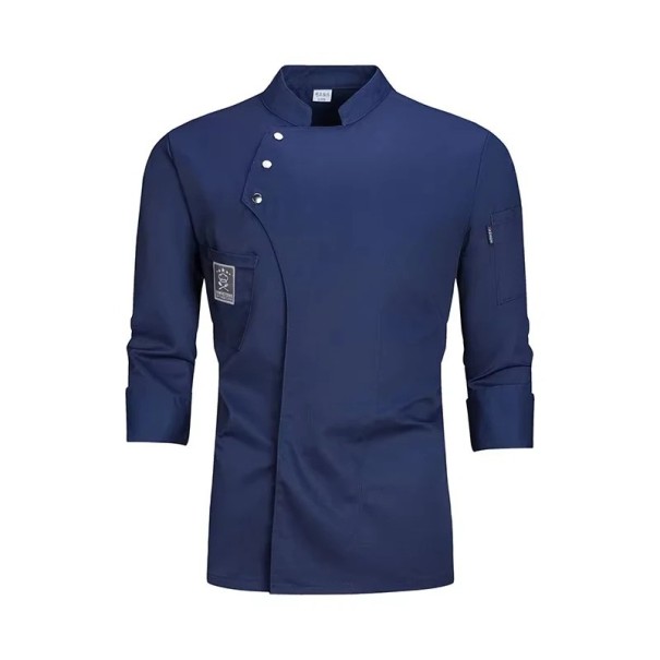 Kuchařská halena dlouhý rukáv stojáček knoflíky kapsy bavlna polyester pracovní oděv do kuchyně gastronomické oblečení modrá XL