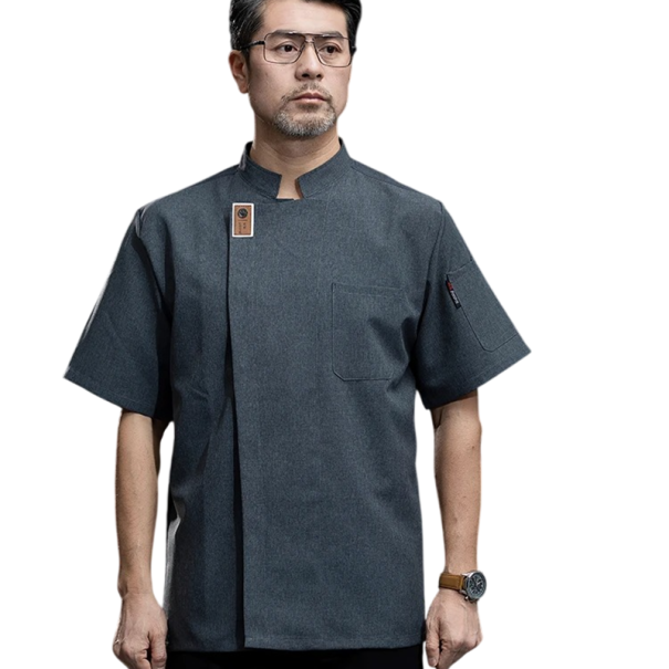 Kuchařská halena krátky rukáv stojáček kapsy bavlna polyester pracovné oblečenie do kuchyne gastronomický odev sivá XXL
