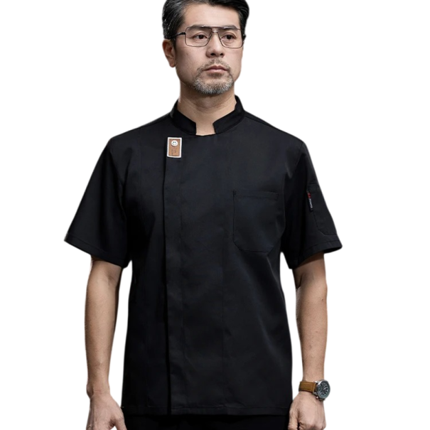 Kuchařská halena krátký rukáv stojáček kapsy bavlna polyester pracovní oblečení do kuchyně gastronomický oděv černá XXS