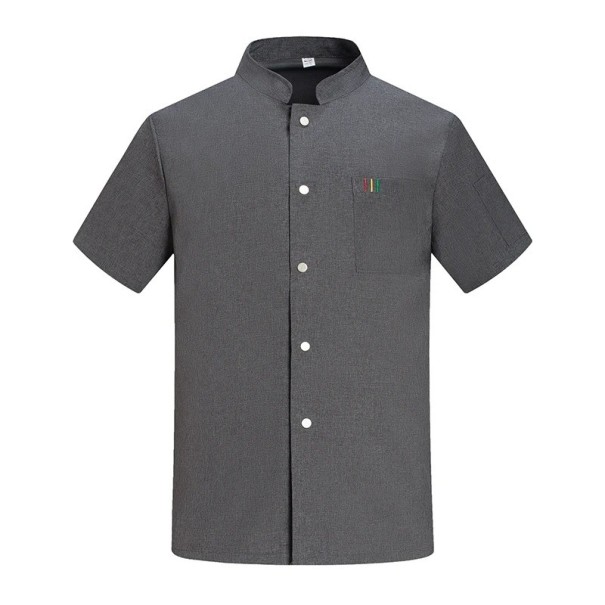 Kuchařská halena krátký rukáv stojáček knoflíky kapsa polyester pracovní oděv do kuchyně gastronomické oblečení šedá L