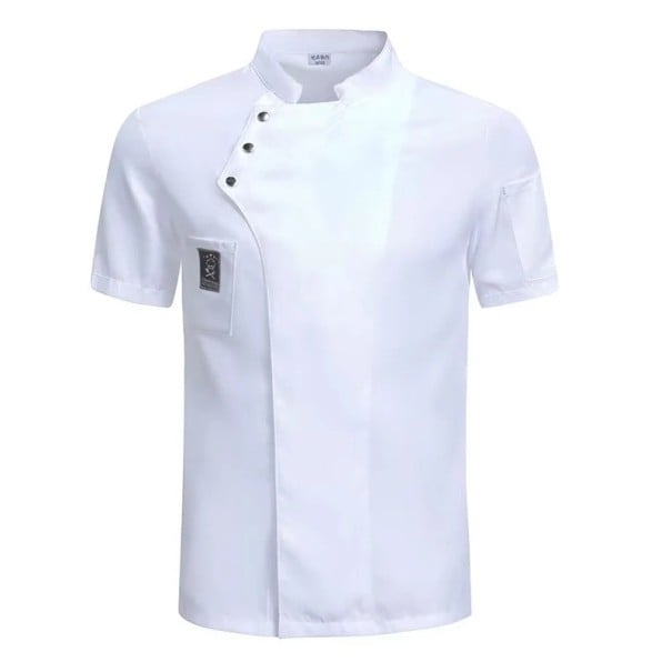 Kuchařská halena krátky rukáv stojáčik gombíky kapsa bavlna polyester pracovný odev do kuchyne gastronomický odev biela XXS