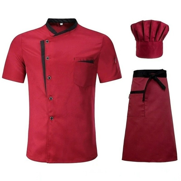 Kuchařský set halena krátký rukáv knoflíky stojáček zástěra čepice kapsa bavlna polyester pracovní oděv do kuchyně červená 3XL