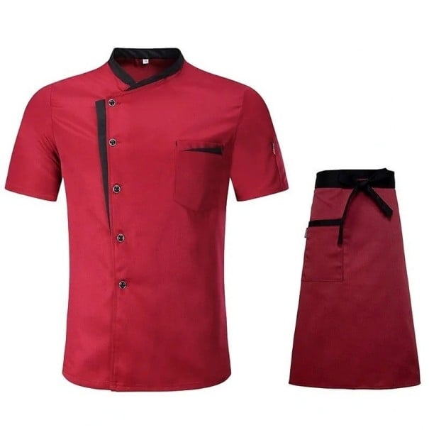 Kuchařský set halena krátký rukáv knoflíky stojáček zástěra kapsa bavlna polyester pracovní oděv do kuchyně gastronomie červená L