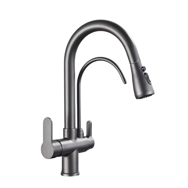 Küchenarmatur 360° schwenkbare Filterarmatur mit ausziehbarem Auslauf 3 Mischarten für heißes und kaltes Wasser, Maße 34x11,5 cm dunkelgrau