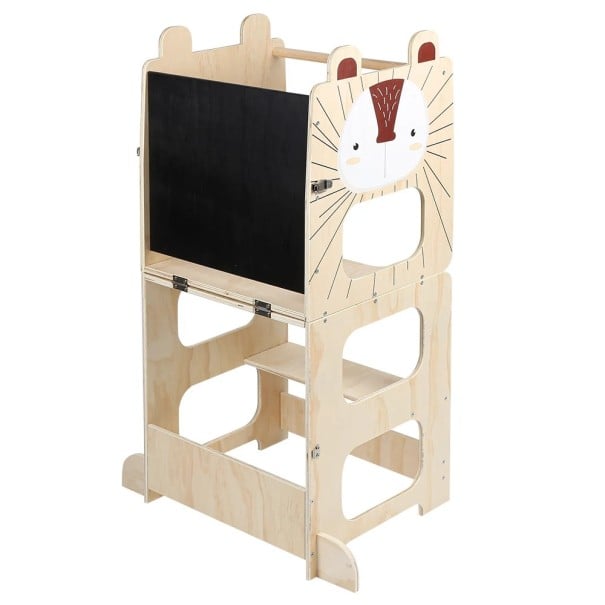 Kuchyňská naučná věž 3v1 pro děti s motivem ježka a tabulí 92 x 41 cm proměnitelná v lavici se stolkem i ve stoličku ve světlém dřevě 1