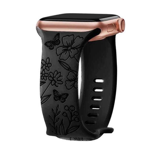 Kukallinen kaiverrusranneke 42 mm Apple Watch Series 10:lle Silikoninen ranneke perhosilla ja villikukilla Ranskalainen romanttinen tyyli musta