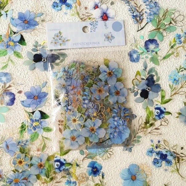 Kukkatarra läpinäkyvällä efektillä 40 kpl 9x14,5 cm PET scrapbooking-diariin, onnittelukortteihin, albumeihin, koristeisiin sininen
