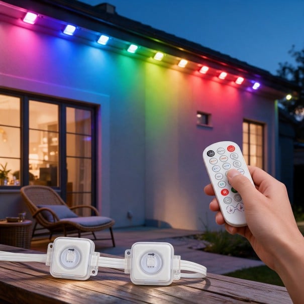 Kültéri LED világítás tető alá 15 m RGB Bluetooth alkalmazás vezérlés 24 V EU csatlakozó IP67 védettség Ház világítása eresz és homlokzat 1