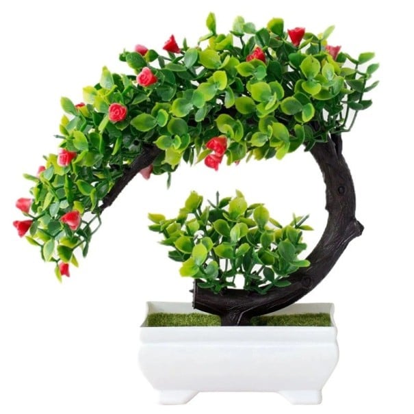 Kunstmatige bonsaiboom met rode bloemen, decoratieve boom in een pot, kunstplant als tafeldecoratie, realistische decoratie voor het interieur 1