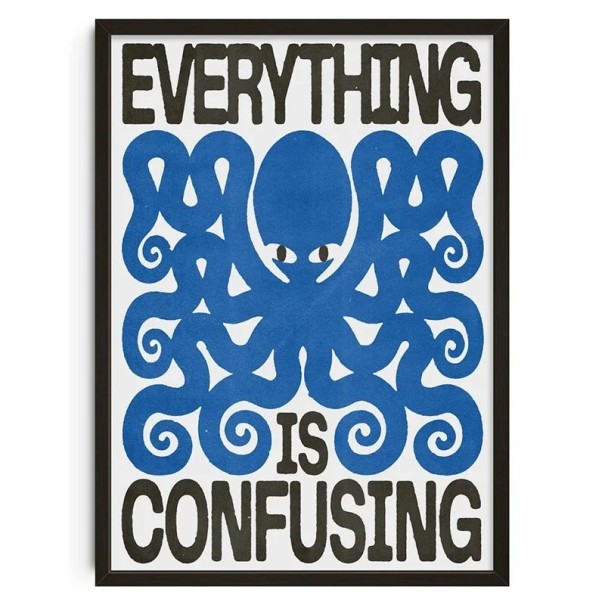 Kunstposter 50x70 cm ALLES IST VERWIRREND Blaues Oktopus-Motiv Textgrafik Moderner Druck auf Leinwand Innendekoration ohne Rahmen 1