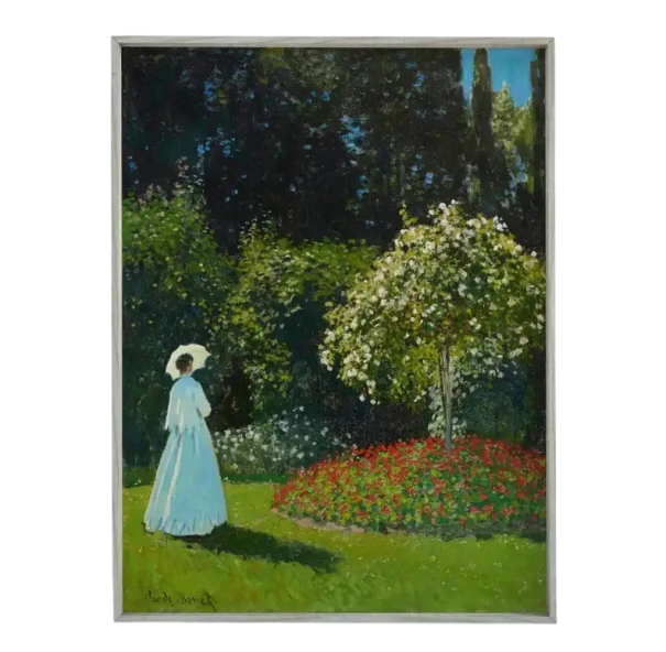 Kunstposter Dame in de tuin 30 x 45 cm Claude Monet stijl Canvas decoratie zonder lijst Impressionistische tuinlandschap verticaal 1