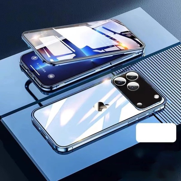 Kunststof magnetisk dobbeltstående glascover til iPhone 17 Air, aluminiumlegering, snap-lås, 360° beskyttelse blå