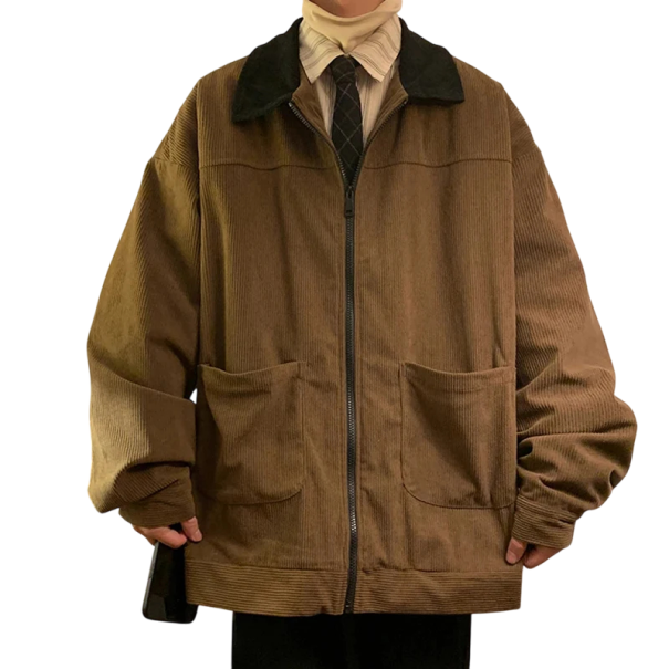 Kurtka sztruksowa zapinana na zamek z kołnierzem Oversize'owa kurtka retro z kieszeniami Elegancka kurtka jesienna na co dzień Styl vintage do miasta i biura brązowy M