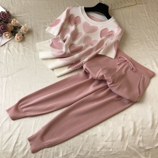 Kurzärmliger Pullover und Hose für Damen rosa L