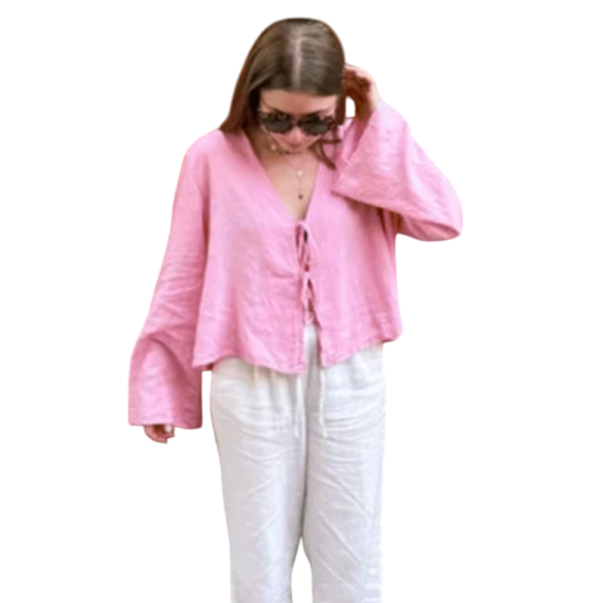 Kurze Damen Bluse mit Langarm Binden Vorne Locker Lässig Schnitt Sommer Strand Top mit V-Ausschnitt Natur Look rosa M