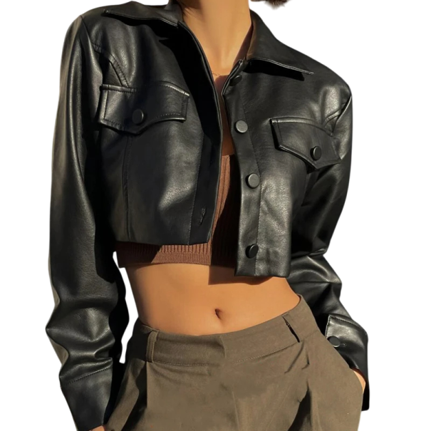 Kurze Damenjacke aus Kunstleder Elegante Herbstjacke mit Druckknöpfen Modische Taillenjacke Stilvoller Mantel mit Taschen Moderner Schnitt schwarz M