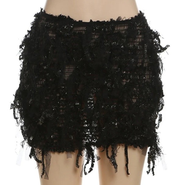 Kurzer transparenter Strickrock mit Quasten, sexy Miniröcke für Damen, schmaler Skinny-Rock für Strand und Partys, transparenter Sommerrock schwarz XS