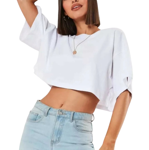 Kurzes Damen T-Shirt mit weiten Ärmeln Modisches locker sitzendes Crop Top Elegantes Taillen-T-Shirt Stylische Sommerkleidung für Damen weiß XL