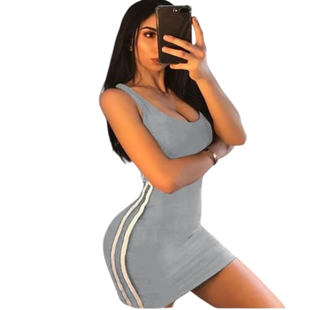Kurzes schmales Etuikleid mit weißen Streifen Lässig-sportlicher Style Schmale Passform Elastisches Material Sommerliches Minikleid für die Freizeit grau L