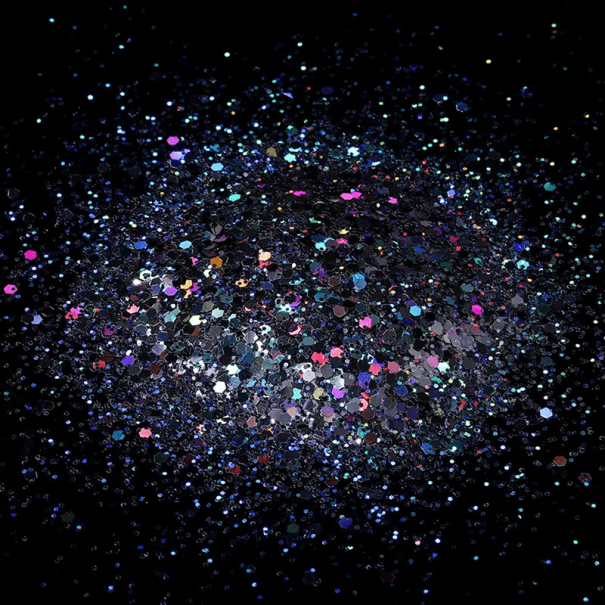 Kuusikulmaiset glitterit 10g PET PVC Kiiltävät koristeet koristelemiseen Kimallus luovaan tekemiseen Taide DIY Käsityöt Korut Manikyyri musta