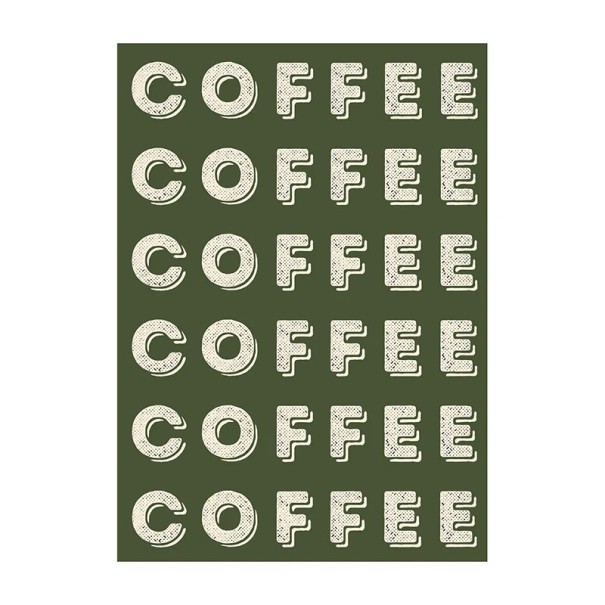 Kuvaplakaatti coffee toistuvalla tekstillä typografinen malli 40 × 50 cm painatus kankaalle vihreä tausta sisustus kotiin ja kahvilaan ilman kehystä 1