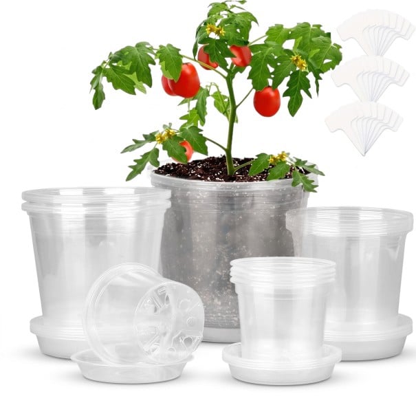 Kvetináče na sadenice 72 ks s táckami a štítkami, priehľadné, 4 veľkosti 8–15,5 cm, plast s drenážnymi otvormi, pre izbové aj záhradné rastliny 1