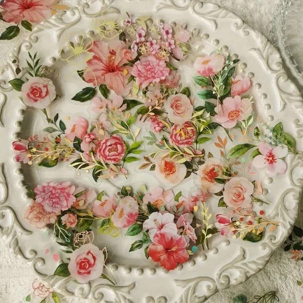 Květinové samolepky s transparentním efektem 40 ks 9x14,5 cm PET pro scrapbook diář přání album dekoraci tvoření růžová