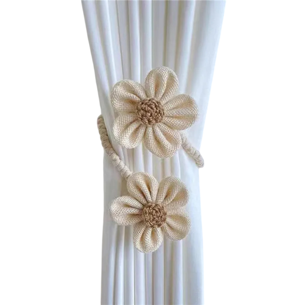 Květinové úvazy na záclony dekorativní úchyt 34 cm bavlna a len textilní provedení pro stažení závěsů a záclon okna bílá