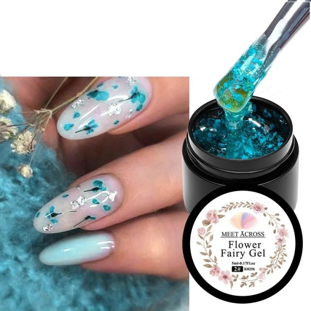 Květinový gel na nehty se sušenými lupínky 5 ml flower fairy gel pro UV LED nail art s květinovým designem a aplikací pod top lak modrá