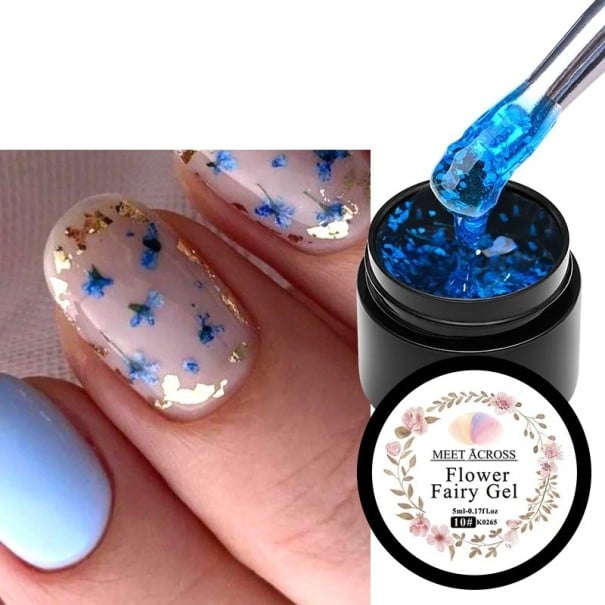 Květinový gel na nehty se sušenými lupínky 5 ml flower fairy gel pro UV LED nail art s květinovým designem a aplikací pod top lak tmavě modrá
