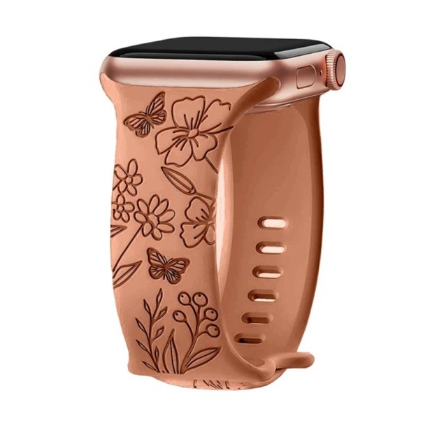 Květinový gravírovaný řemínek 38 40 41 mm pro Apple Watch S1–S10 SE Laserový silikonový pásek Motýli Divoké květiny Francouzský design hnědá