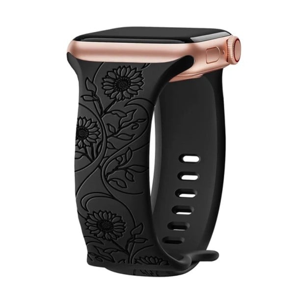 Květinový gravírovaný řemínek 42 44 45 46 49 mm pro Apple Watch Series 1–10 SE SE2 Ultra Silikonový pásek s motivem velkých slunečnic černá