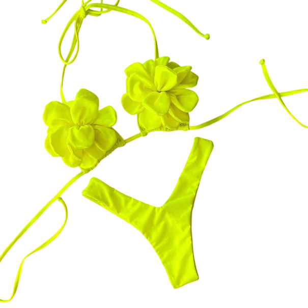 Kvinders bikini med 3D-blomstret top og stringtrusser Bindende badedragt med blomster for et stilfuldt look på stranden eller ved poolen neongul S