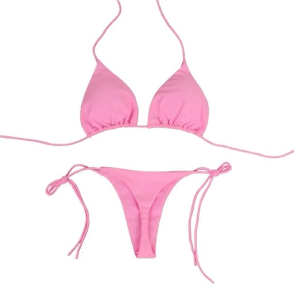 Kvinders enkle trekantede bikini med bindebånd i nakken og på siderne Minimalistisk snit Badetøj til sommer og ferie rosa L