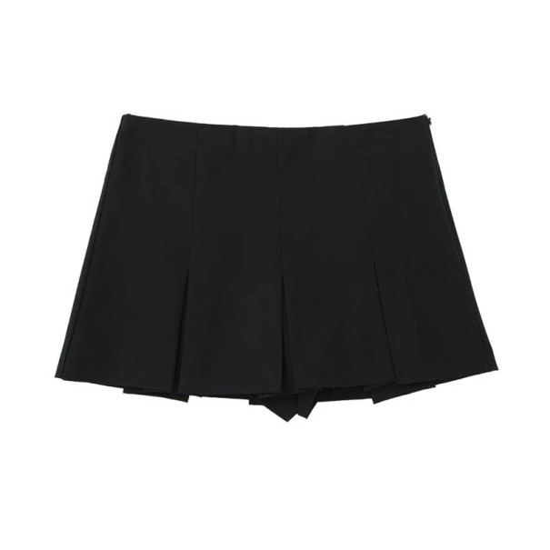 Kvinders højtaljede plisserede minishorts elegante lynlåsnederdelshorts afslappede A-formede korte bukser sort L